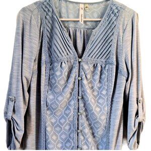 NY Collection Boho Peasant Top Roll-Up Sleeve Size M Blue Excellent Condition